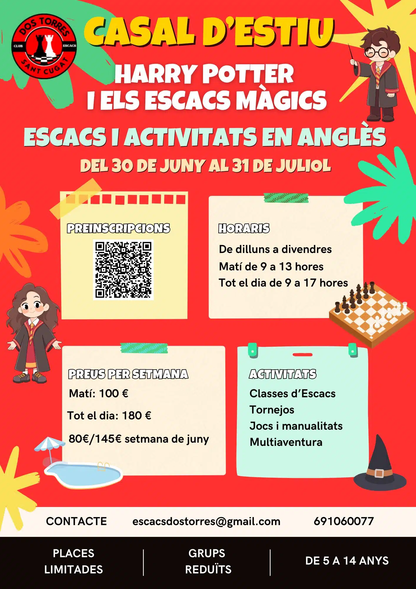 Casal d'estiu 2026 — постер шахматного лагеря Dos Torres de Sant Cugat с темой Harry Potter