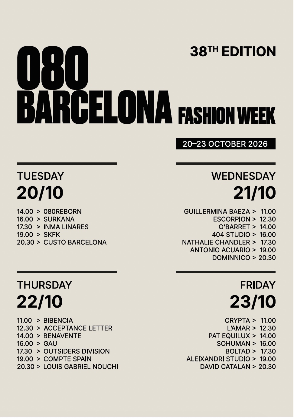 Расписание показов 080 Barcelona Fashion Week · 20–23 октября 2026